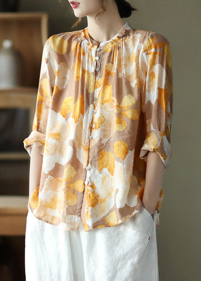 Yellow Print Patchwork Cotton Shirt Tops Wrinkled Long Sleeve LY6235 - fabuloryshop