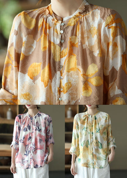 Yellow Print Patchwork Cotton Shirt Tops Wrinkled Long Sleeve LY6235 - fabuloryshop