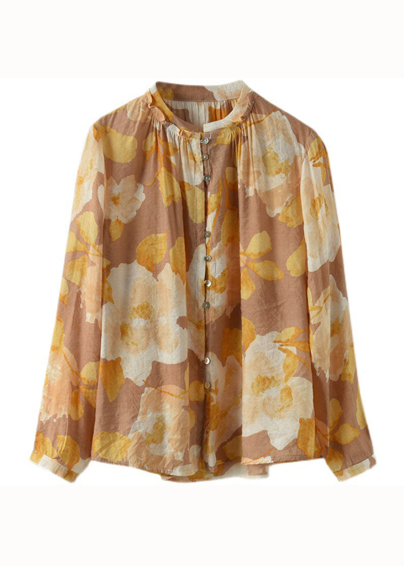 Yellow Print Patchwork Cotton Shirt Tops Wrinkled Long Sleeve LY6235 - fabuloryshop