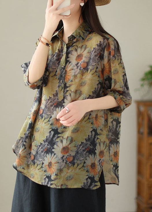 Yellow Print Patchwork Cotton Top Peter Pan Collar Button Summer LY4961 - fabuloryshop