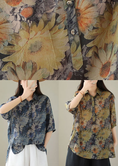 Yellow Print Patchwork Cotton Top Peter Pan Collar Button Summer LY4961 - fabuloryshop