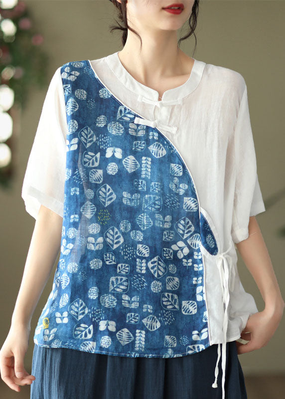 Yellow Print Patchwork Linen Shirt Chinese Button Lace Up Summer LY6228 - fabuloryshop