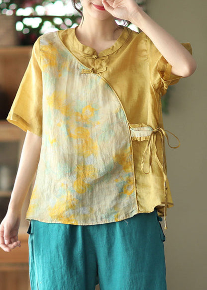 Yellow Print Patchwork Linen Shirt Chinese Button Lace Up Summer LY6228 - fabuloryshop