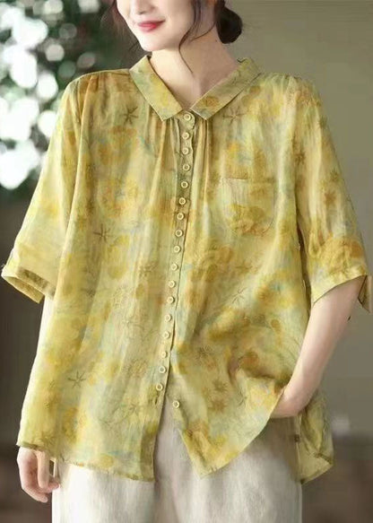 Yellow Print Patchwork Linen Top Peter Pan Collar Button Summer Ada Fashion