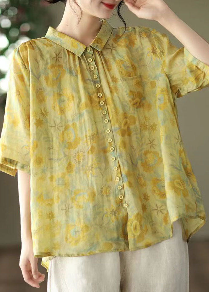 Yellow Print Patchwork Linen Top Peter Pan Collar Button Summer Ada Fashion