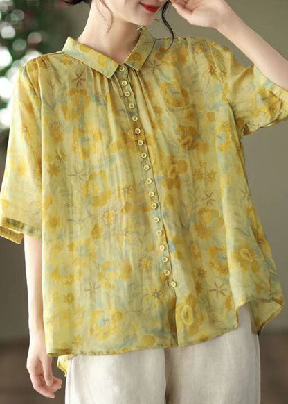 Yellow Print Patchwork Linen Top Peter Pan Collar Button Summer Ada Fashion