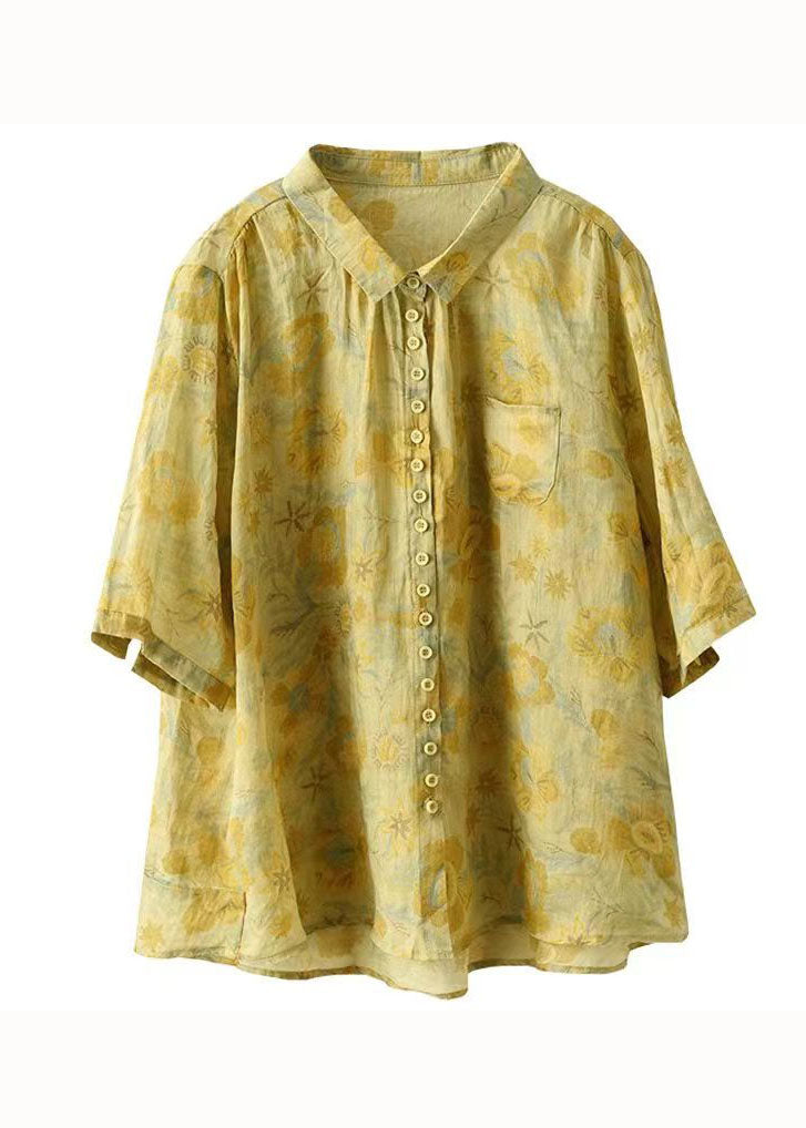 Yellow Print Patchwork Linen Top Peter Pan Collar Button Summer Ada Fashion