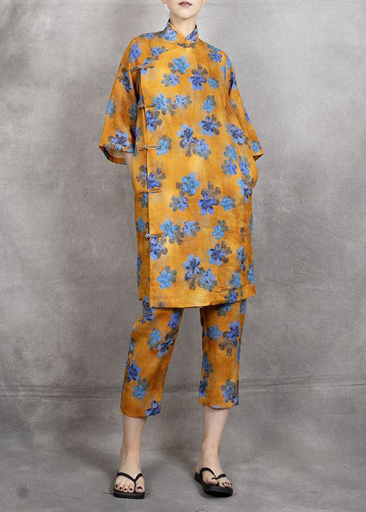 Yellow Print Patchwork Linen Two Pieces Set Chinese Button Summer LY4575 - fabuloryshop