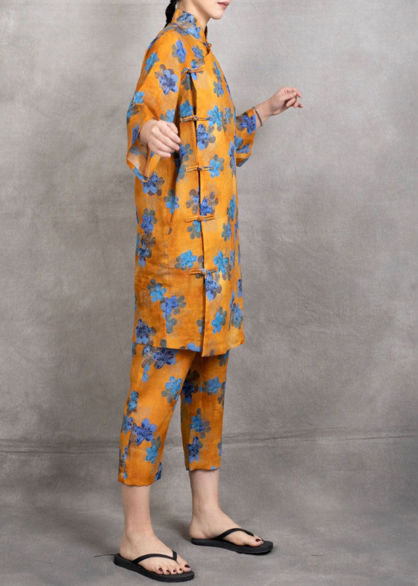 Yellow Print Patchwork Linen Two Pieces Set Chinese Button Summer LY4575 - fabuloryshop