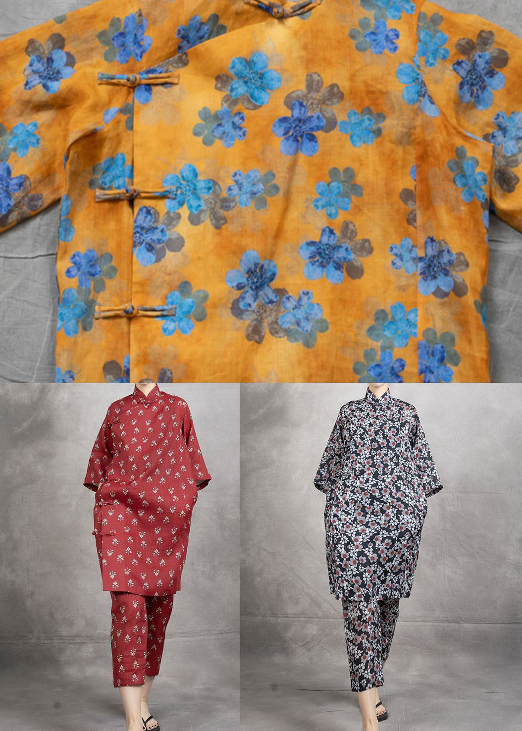 Yellow Print Patchwork Linen Two Pieces Set Chinese Button Summer LY4575 - fabuloryshop