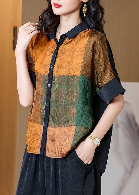 Yellow Print Patchwork Silk Blouses Peter Pan Collar Summer TF1015 - fabuloryshop