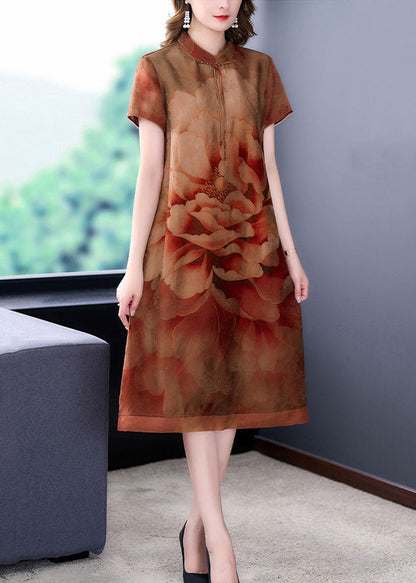 Yellow Print Patchwork Silk Dresses Stand Collar Summer Ada Fashion