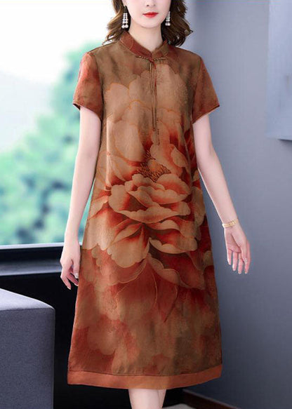 Yellow Print Patchwork Silk Dresses Stand Collar Summer Ada Fashion