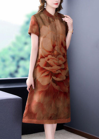 Yellow Print Patchwork Silk Dresses Stand Collar Summer Ada Fashion