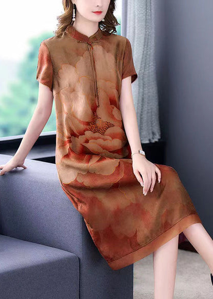 Yellow Print Patchwork Silk Dresses Stand Collar Summer Ada Fashion