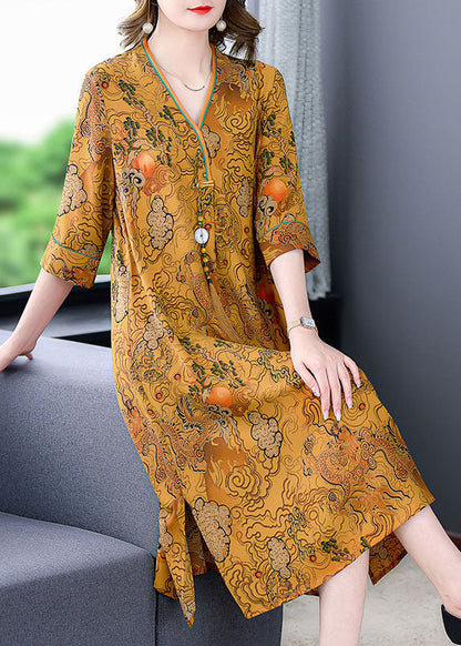 Yellow Print Patchwork Silk Mid Dresses Tasseled V Neck Summer Ada Fashion