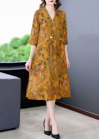 Yellow Print Patchwork Silk Mid Dresses Tasseled V Neck Summer Ada Fashion