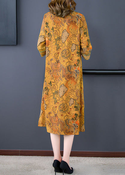 Yellow Print Patchwork Silk Mid Dresses Tasseled V Neck Summer Ada Fashion