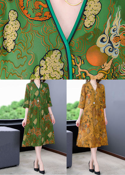 Yellow Print Patchwork Silk Mid Dresses Tasseled V Neck Summer Ada Fashion