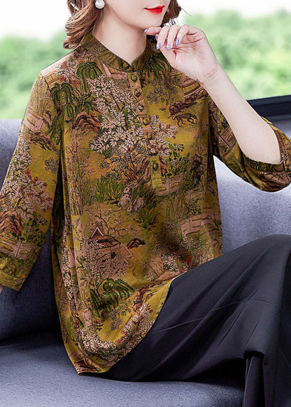 Yellow Print Silk Shirts Tops Stand Collar Button Summer LY0433 - fabuloryshop