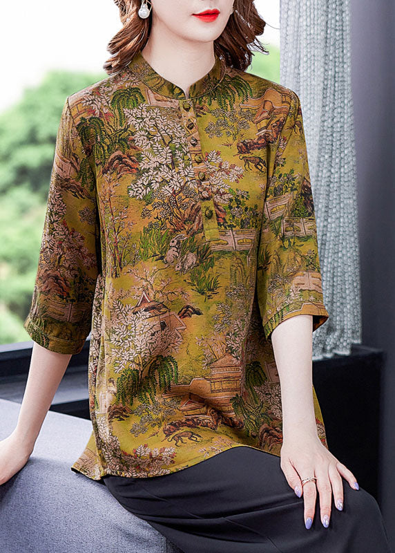 Yellow Print Silk Shirts Tops Stand Collar Button Summer LY0433 - fabuloryshop