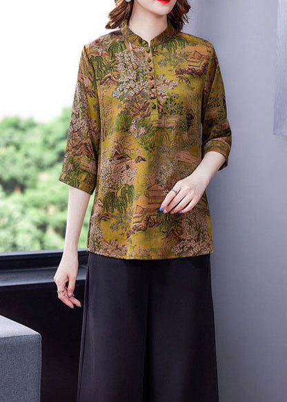 Yellow Print Silk Shirts Tops Stand Collar Button Summer LY0433 - fabuloryshop