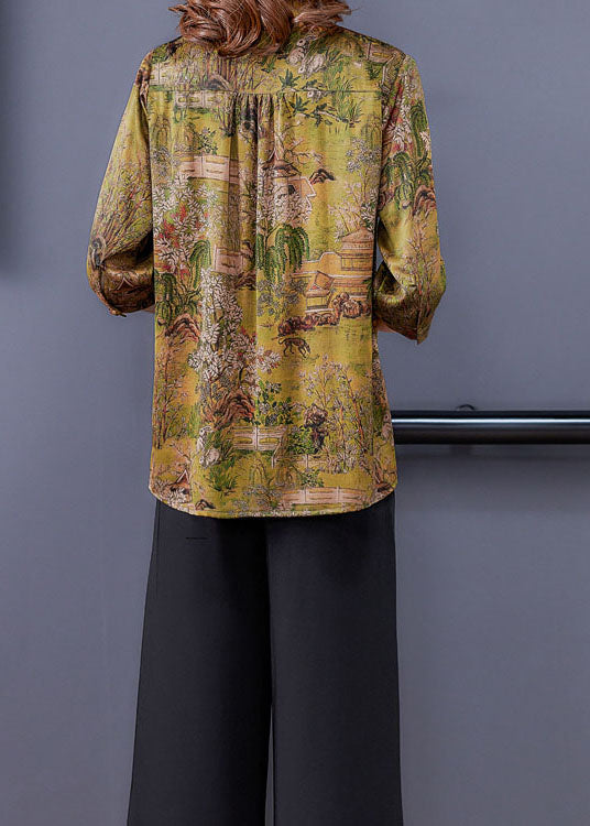 Yellow Print Silk Shirts Tops Stand Collar Button Summer LY0433 - fabuloryshop