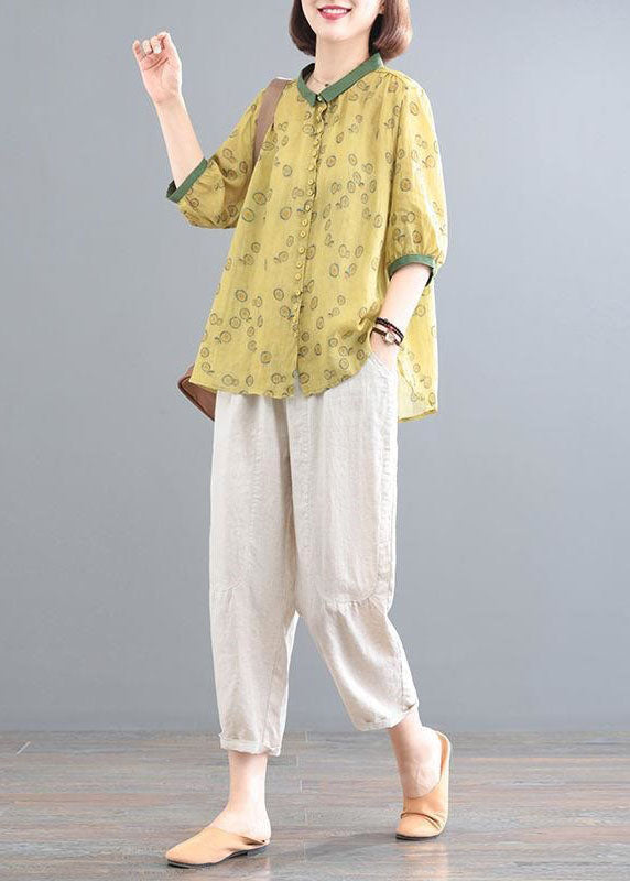 Yellow Print Tops And Beige Pants Linen Women Sets Summer LY2913 - fabuloryshop