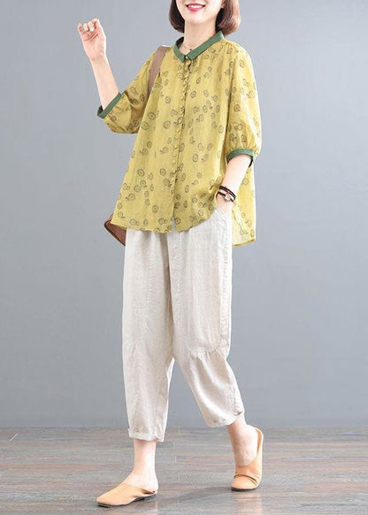 Yellow Print Tops And Beige Pants Linen Women Sets Summer LY2913 - fabuloryshop