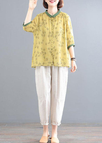 Yellow Print Tops And Beige Pants Linen Women Sets Summer LY2913 - fabuloryshop