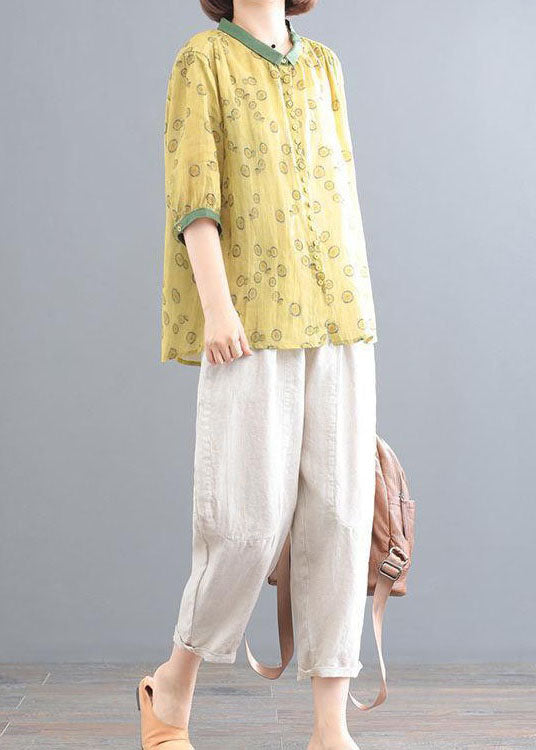 Yellow Print Tops And Beige Pants Linen Women Sets Summer LY2913 - fabuloryshop