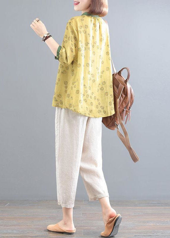 Yellow Print Tops And Beige Pants Linen Women Sets Summer LY2913