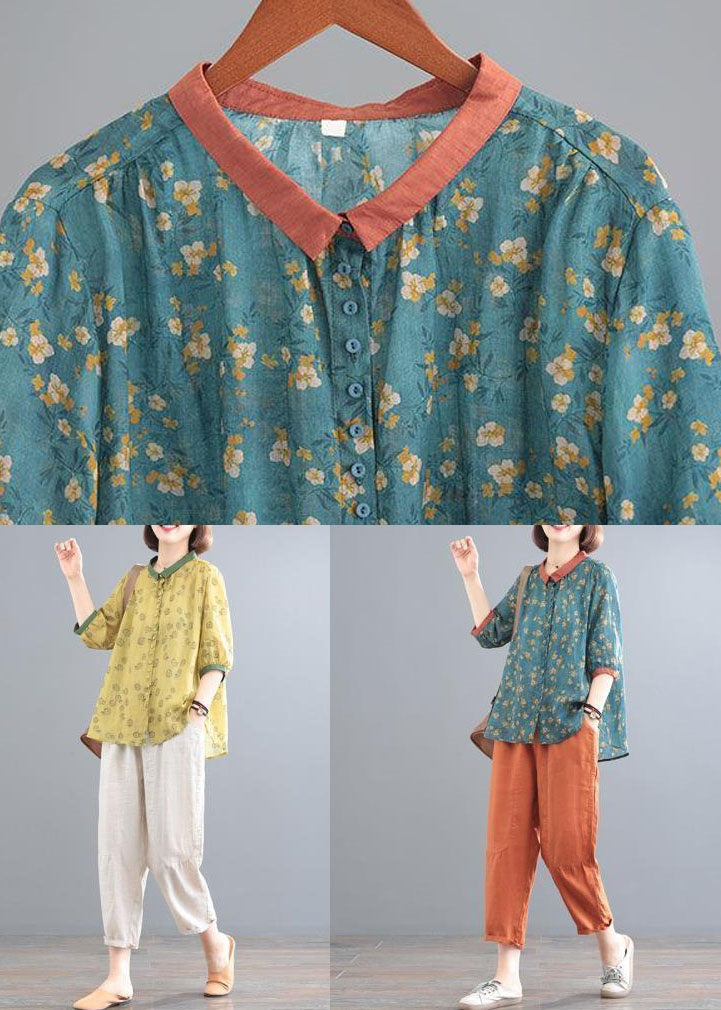 Yellow Print Tops And Beige Pants Linen Women Sets Summer LY2913 - fabuloryshop