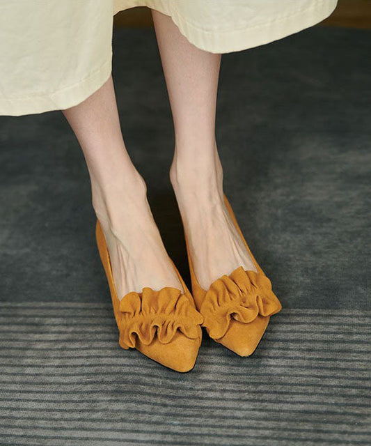 Yellow Ruffled Splicing Pointed Toe Sheepskin Flat Feet Shoes French LY7619