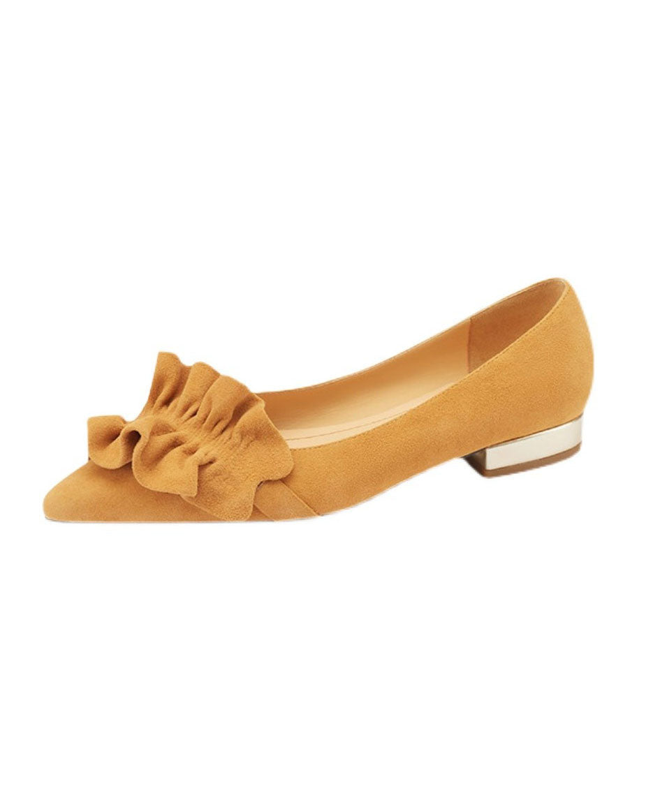 Yellow Ruffled Splicing Pointed Toe Sheepskin Flat Feet Shoes French LY7619