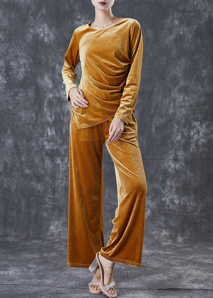 Yellow Silm Fit Silk Velour Two Pieces Set Asymmetrical Wrinkled Fall Ada Fashion