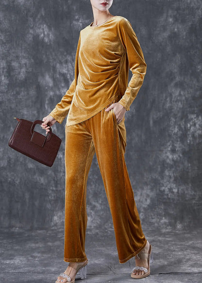 Yellow Silm Fit Silk Velour Two Pieces Set Asymmetrical Wrinkled Fall Ada Fashion