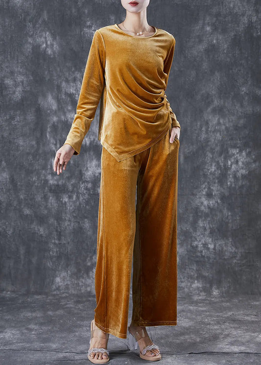 Yellow Silm Fit Silk Velour Two Pieces Set Asymmetrical Wrinkled Fall Ada Fashion