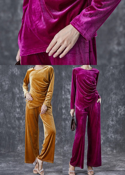 Yellow Silm Fit Silk Velour Two Pieces Set Asymmetrical Wrinkled Fall Ada Fashion