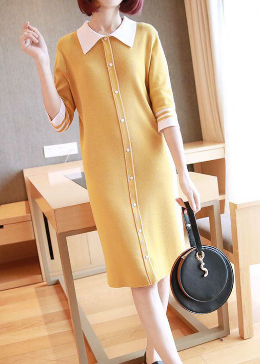 Yellow Slim Fit Knit Mid Dress Turn-down Collar Half Sleeve LY1444 - fabuloryshop