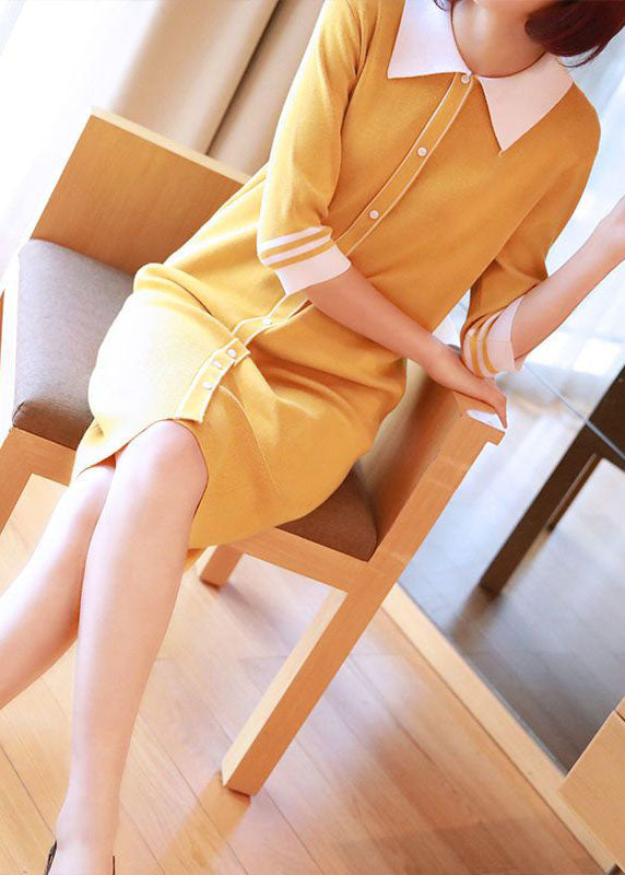 Yellow Slim Fit Knit Mid Dress Turn-down Collar Half Sleeve LY1444 - fabuloryshop