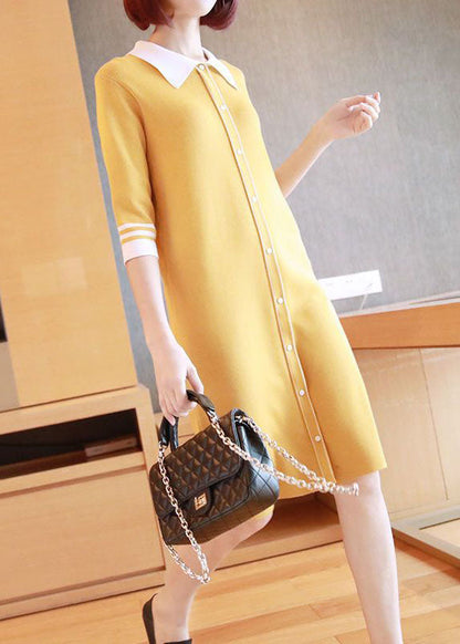 Yellow Slim Fit Knit Mid Dress Turn-down Collar Half Sleeve LY1444 - fabuloryshop