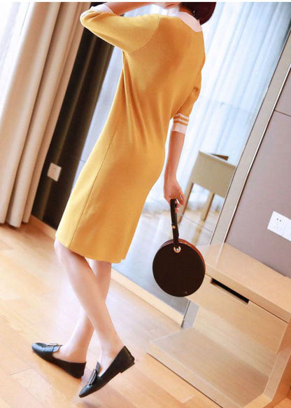 Yellow Slim Fit Knit Mid Dress Turn-down Collar Half Sleeve LY1444 - fabuloryshop