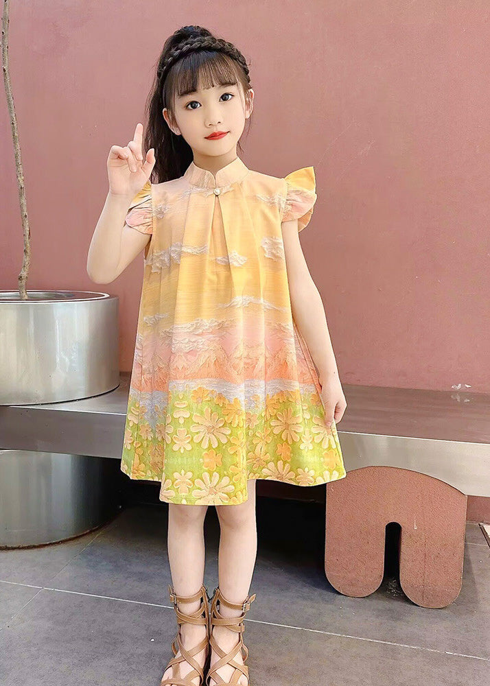 Yellow Stand Collar Ruffled Wrinkled Mid Dress Summer LY5506 - fabuloryshop