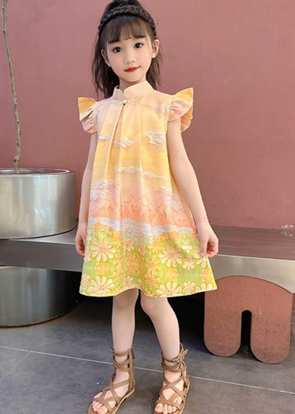 Yellow Stand Collar Ruffled Wrinkled Mid Dress Summer LY5506 - fabuloryshop