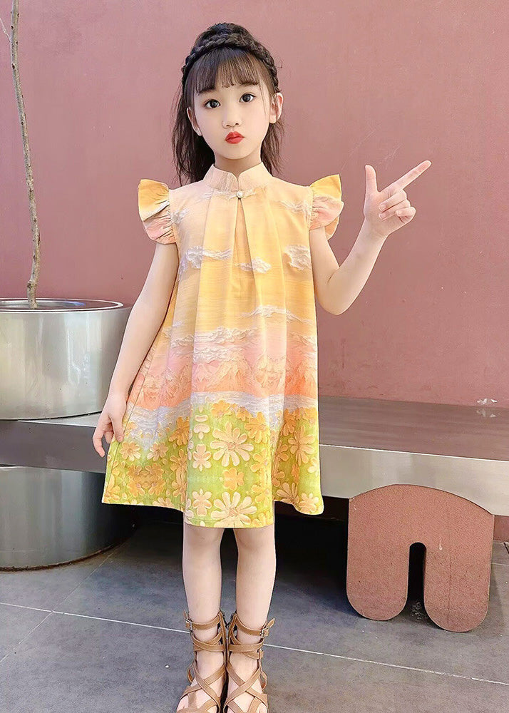 Yellow Stand Collar Ruffled Wrinkled Mid Dress Summer LY5506 - fabuloryshop