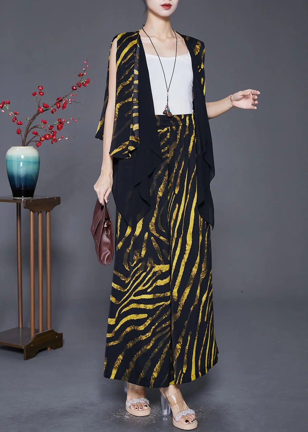 Yellow Striped Cotton Vest And Pants Two-Piece Set Asymmetrical Design Fall Ada Fashion