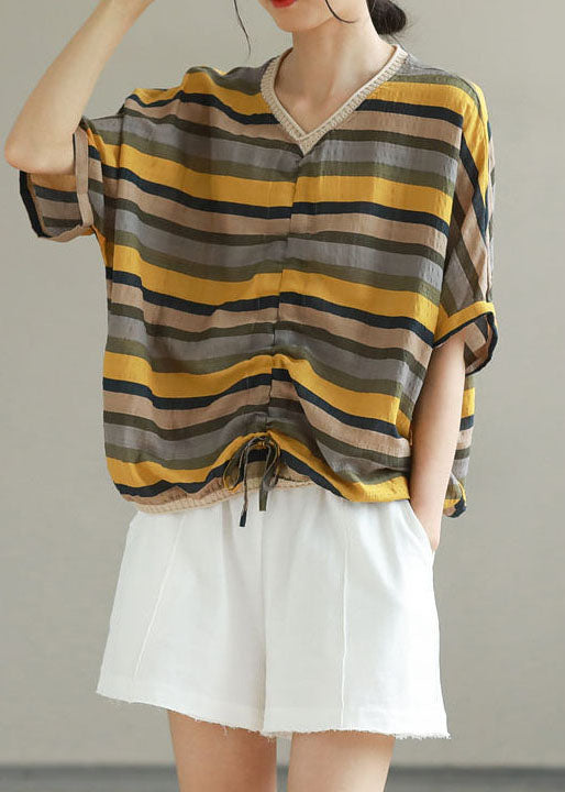 Yellow Striped Patchwork Cotton T Shirt Top V Neck Summer LY4959 - fabuloryshop