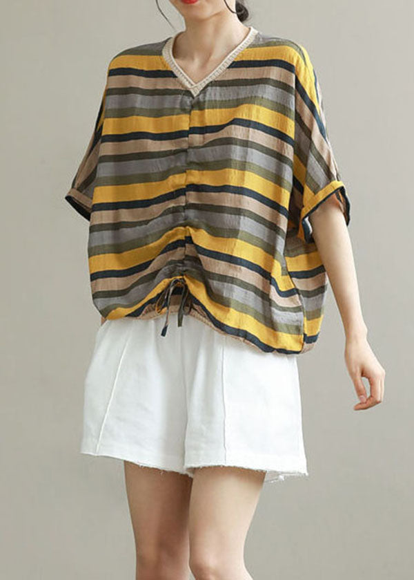 Yellow Striped Patchwork Cotton T Shirt Top V Neck Summer LY4959 - fabuloryshop