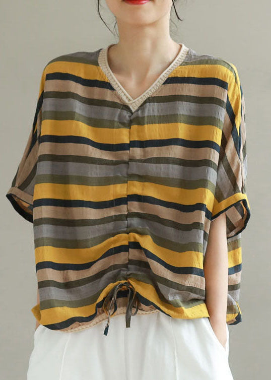 Yellow Striped Patchwork Cotton T Shirt Top V Neck Summer LY4959 - fabuloryshop